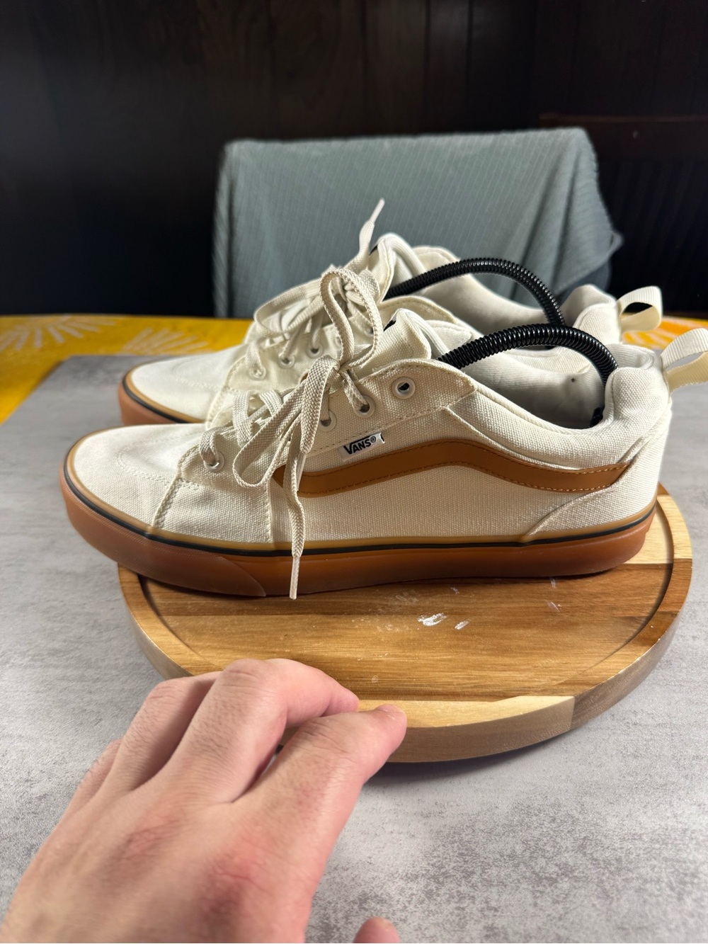 Vans Cream Canvas Low-Top Sneakers with Brown Stripe and Gum Sole